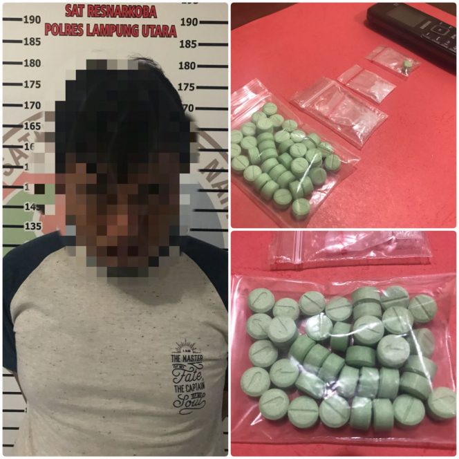 
 Foto CW7--Tersangka Lendra Saputra berikut barang bukti, saat diamankan di Mapolres Lampura Rabu (7/3).