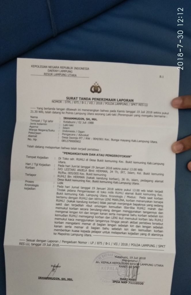 
 Caption foto :laporan polisi atas dugaan penganiayaan Ivo Lestari Anjela.