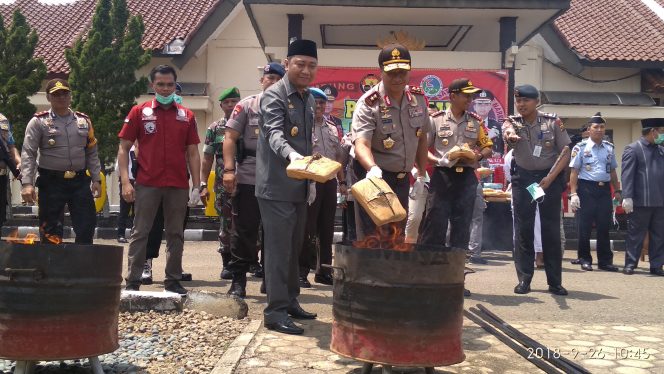 
 Foto : Ferdani  Caption Foto : Kapolda Lampung Irjendpol Purwadi Arianto didampingi Bupati Lampura H Agung Ilmu Mangkunegara, saat melakukan pemusnahan Barang Bukti Ganja, foto dibidik dihalaman Mapolres setempat Rabu (26/9).
