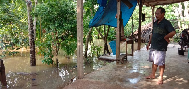 
 foto : FERNANDO
Caption foto : Nirwan tengah mengamati pergerakan air sungai yang nyaris merendam kediamannya.