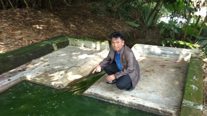 
 Foto IST
Caption : Ketua Komisi III DPRD Lampura, Joni Bedyal, saat menunjukan kolam penampungan limbah cair pabrik PT Sinar Laut, berwarna hijau pekat, yang dialirkan ke sungai Senin (27/1). 