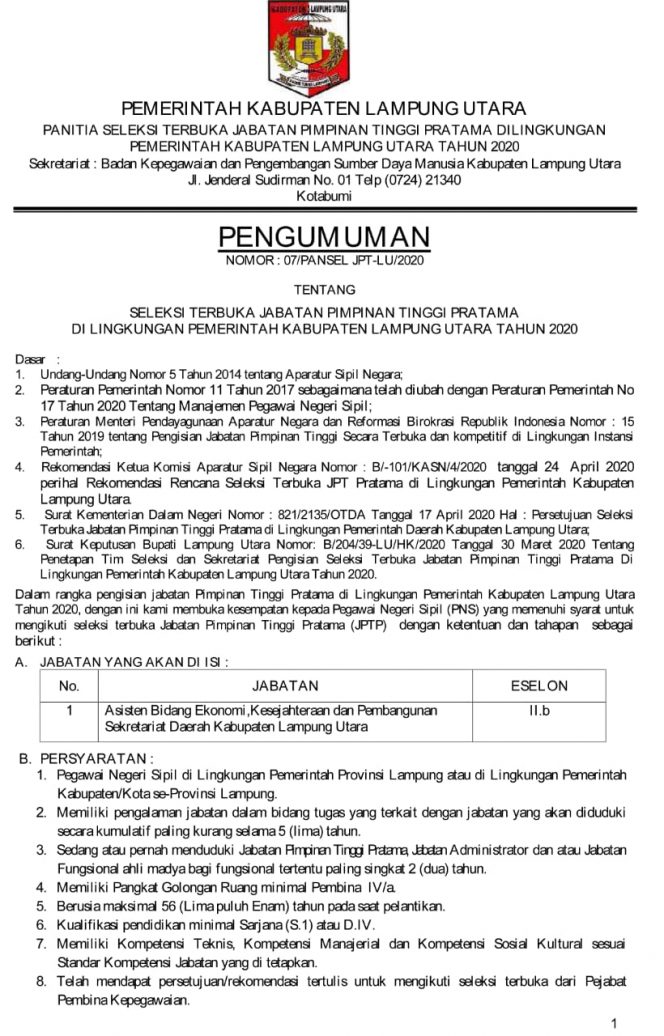 
 Pengumuman JPTP 2020 Tahap II
