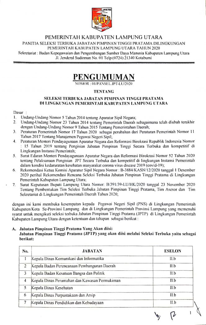 
 PENGUMUMAN SELTER JPTP 2020 KAB. LAMPUNG UTARA