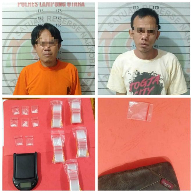 
 Caption foto : Kedua tersangka Narkoba berikut barang bukti yang berhasil
diamankan Team opsnal Satresnarkoba Polres Lampung Utara.