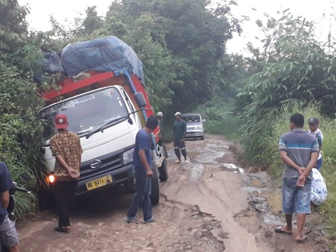 
 Jalan Rusak Parah, Truck Muatan Sawit Nyaris Terguling