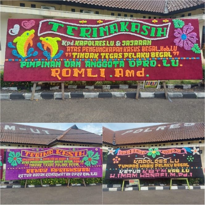 
 caption : Karangan bunga yang membanjiri Mapolres Lampura ucapan terima kasih atas keberhasilan pengungkapan sejumlah kasus kejahatan selama dua pekan terakhir.
