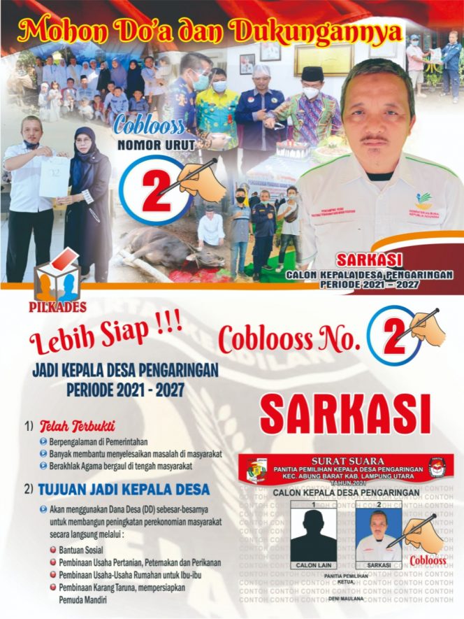 
 caption : Salah satu alat peraga kampanye Cakades Sarkasi
