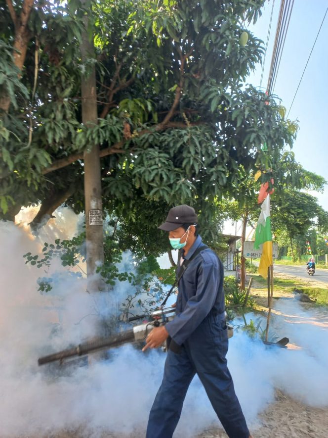 
 Tampak petugas dari Dinkes Lampura saat melakukan fogging(pengasapan) di salah satu titik fokus. Foto Ria Radar Kotabumi--