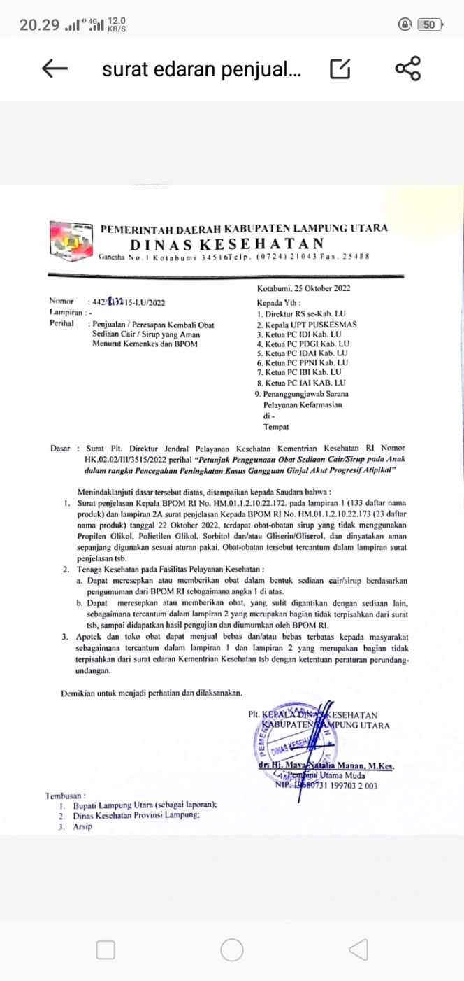 
 Dinkes Keluarkan SE, Terkait Penjualan dan Peresepan Obat Cair