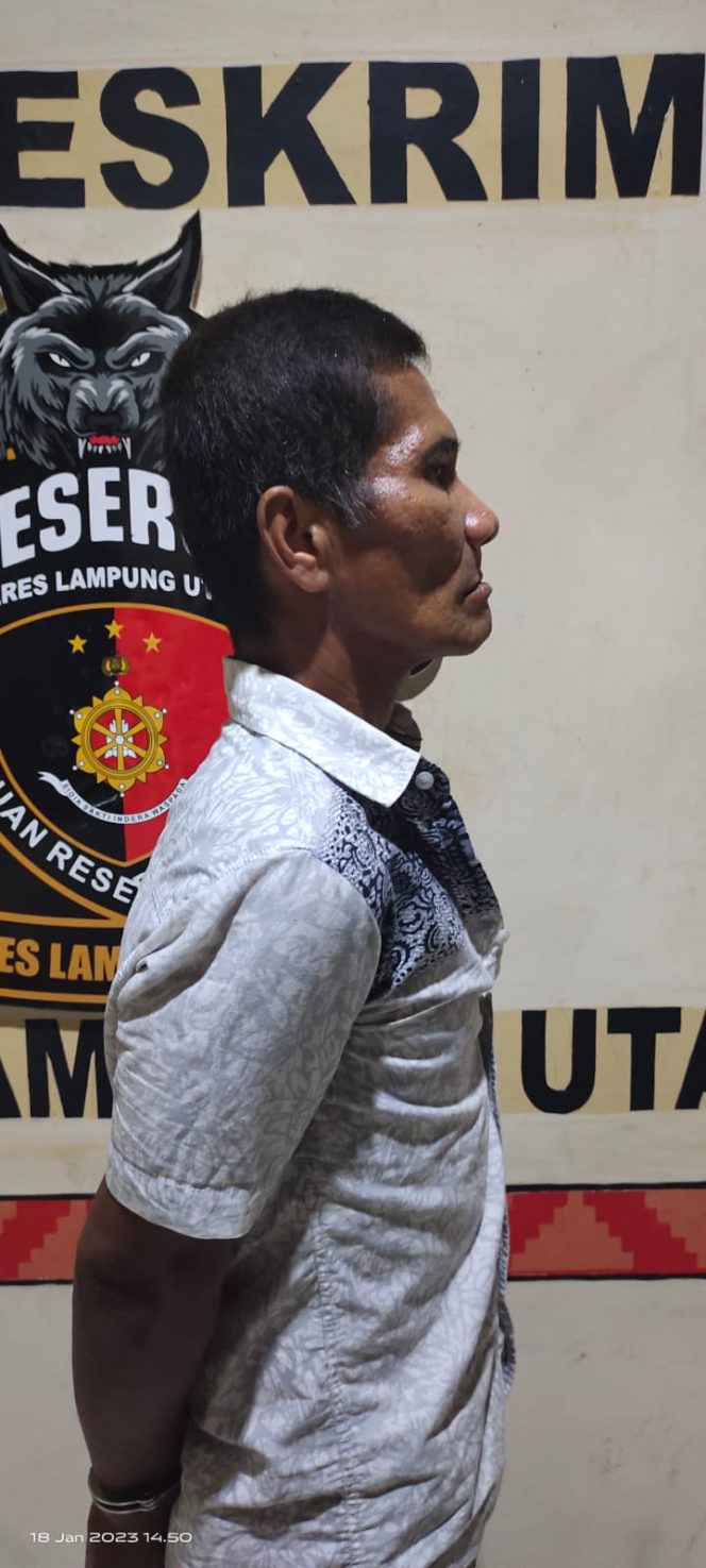 
 Budi Santoso(50) tersangka aksi Pornografi saat diamankan di Mapolres Lampura. Foto IST ------