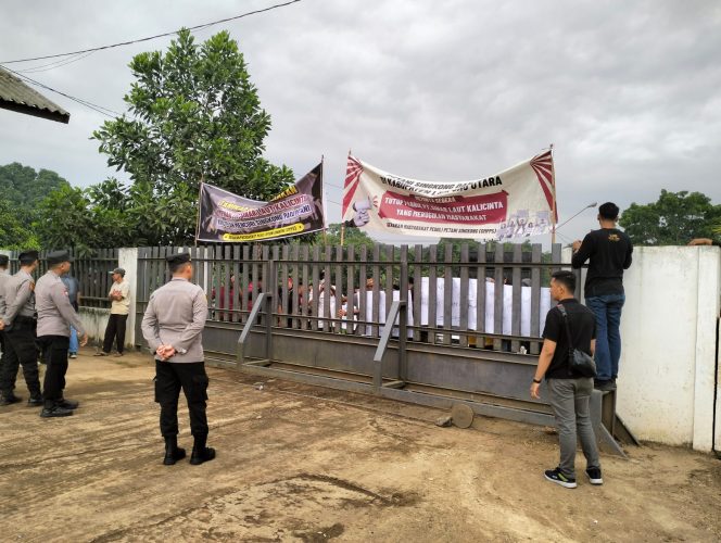 
 Sejumlah Personil Polres Lampura saat memantau pelaksanaan aksi damai para petani singkong di depan Pabrik PT TWBP/Sinar Laut, Kamis 03 Agustus 2023. Foto Humas Polres Lampura--