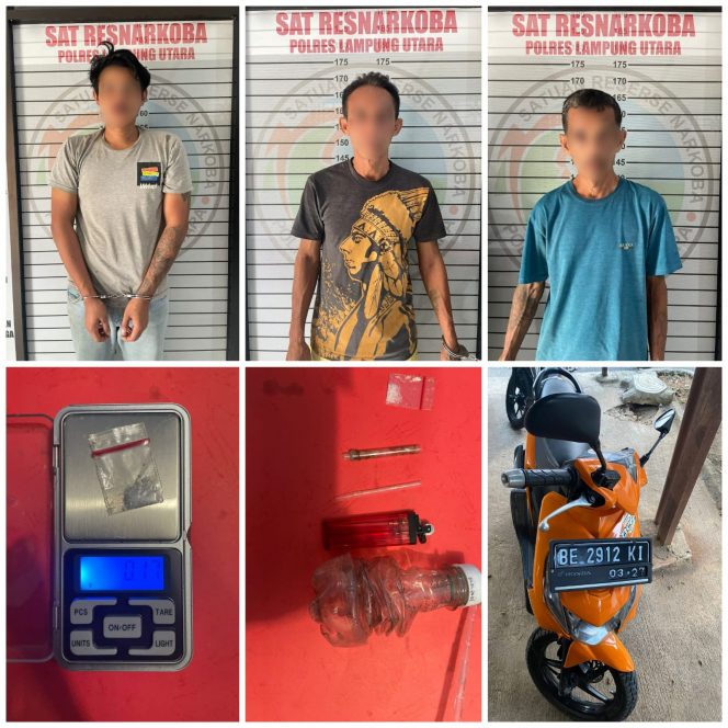 
 Tiga tersangka Narkoba Berikut barang bukti,saat diamankan di Mapolres Lampura. Foto IST-------